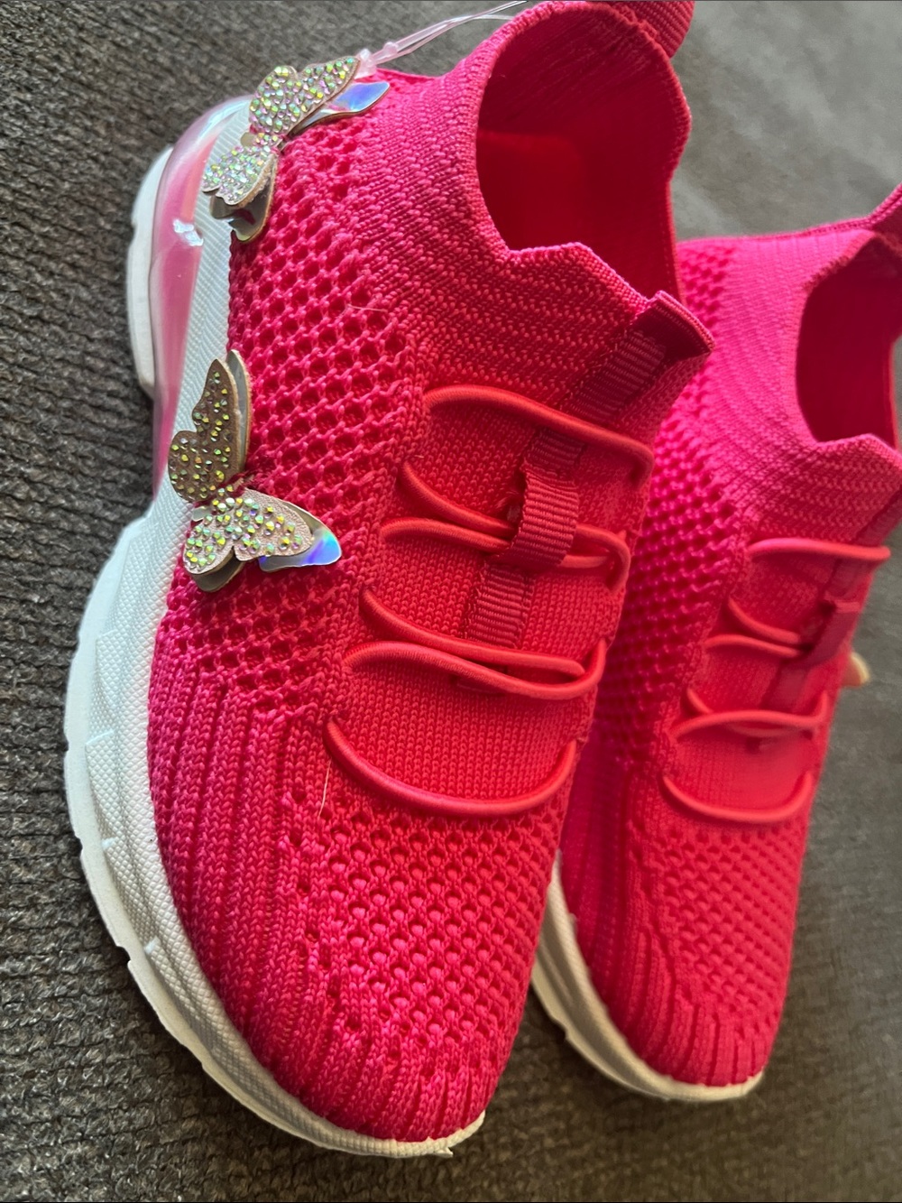 Kids Pink Knit Slip-On Sneakers with Sparkling Butterfly Accents